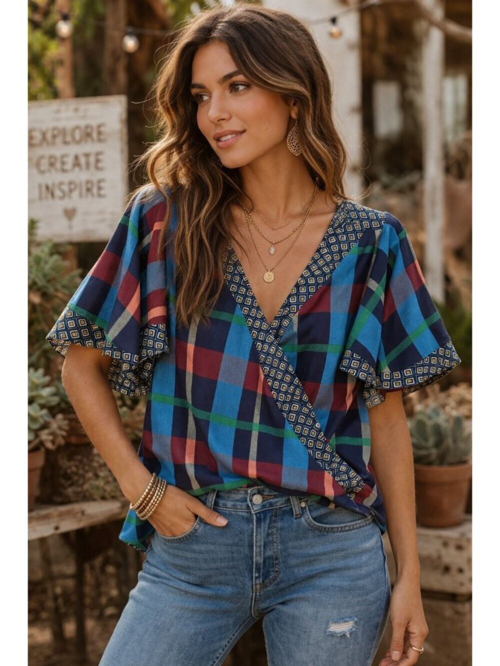 Umgee Womens Multicolor Cotton Plaid Indie Boho Wrap Style Flutter Sleeve Top S